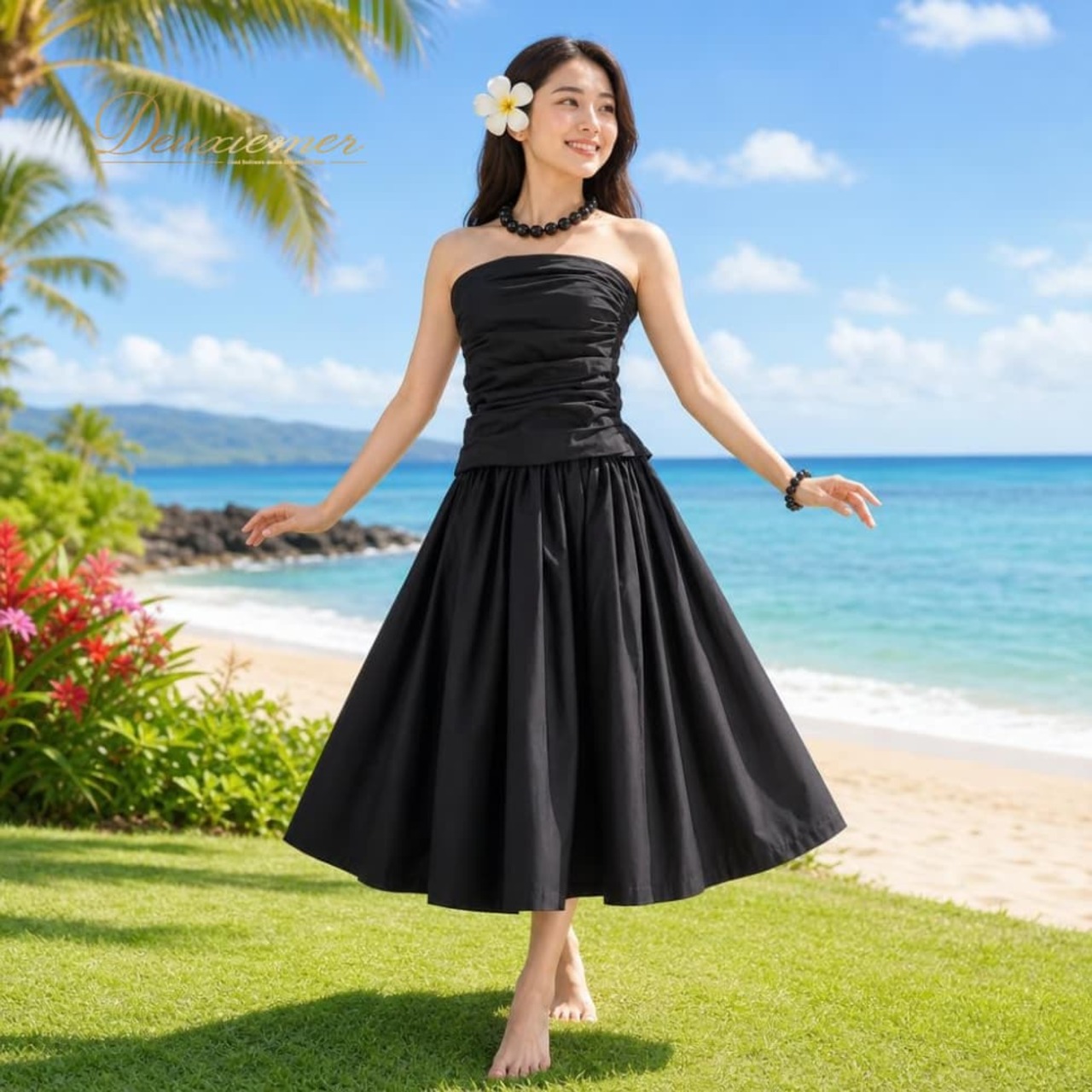 フラダンス 衣装 Aloha Emika アロハエミカ ツーピース セットアップ 上下セット ブラック系 黒 真っ黒 無地 シンプル ハワイアン アロハ フラ ダンス レッスン 練習 ハワイアンダンス シングル スカート フレア かわいい おしゃれ 上品 大人っぽい 着回し 練習着 レッスンウェア ダンス衣装
