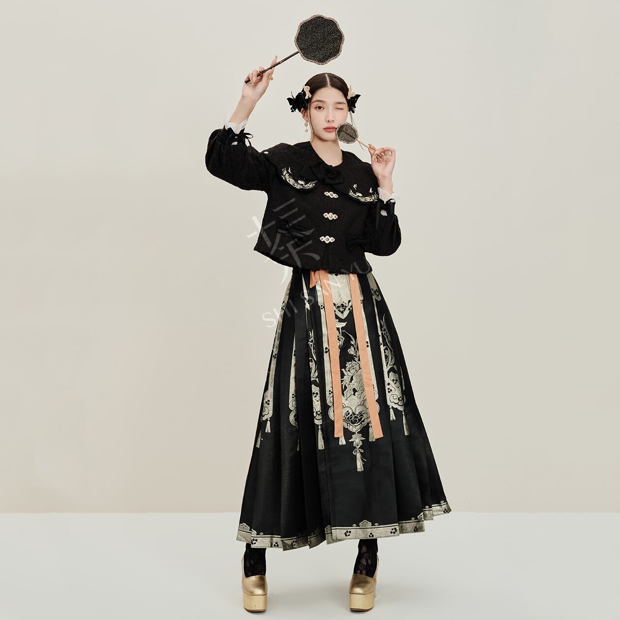 新品 漢服 改良漢服 马面裙 巻きスカート・プリーツスカート：黒