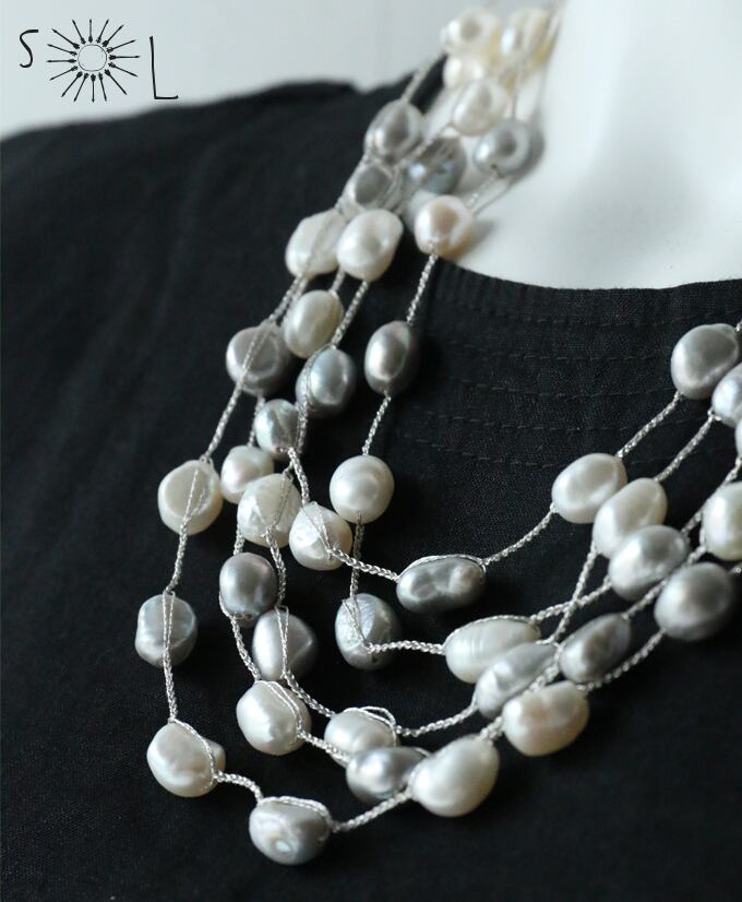 淡水パール【ホワイト&グレー 5連 ネックレス】(品番sp331)【フォーマルにも】