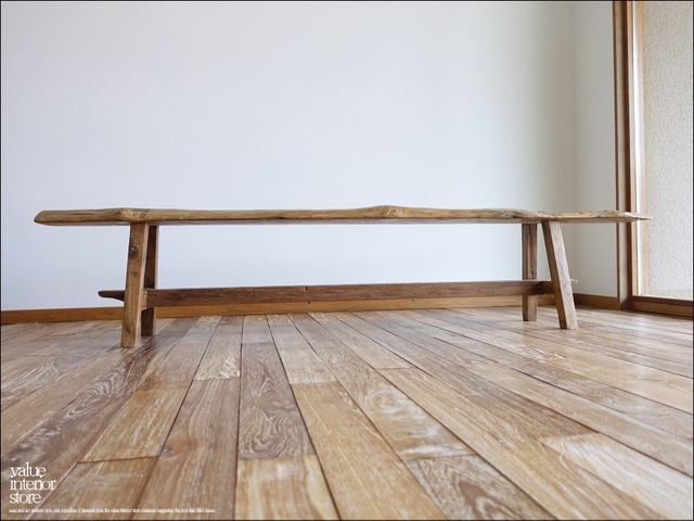 オールドチーク無垢材 プリミティブベンチAnk/207cm 長椅子 古材家具 一枚板 イス 椅子 ダイニングベンチ 世界三大銘木