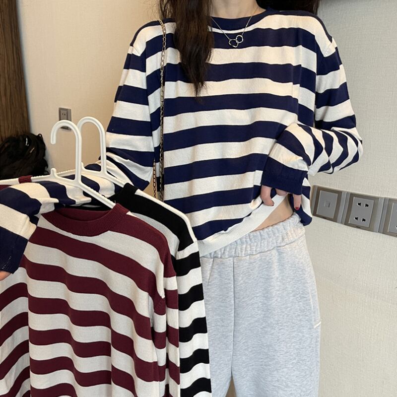 カラーストライプTシャツ スプリングショートルーズ薄手ブラウス ロング 春物 萌量不足58342910504