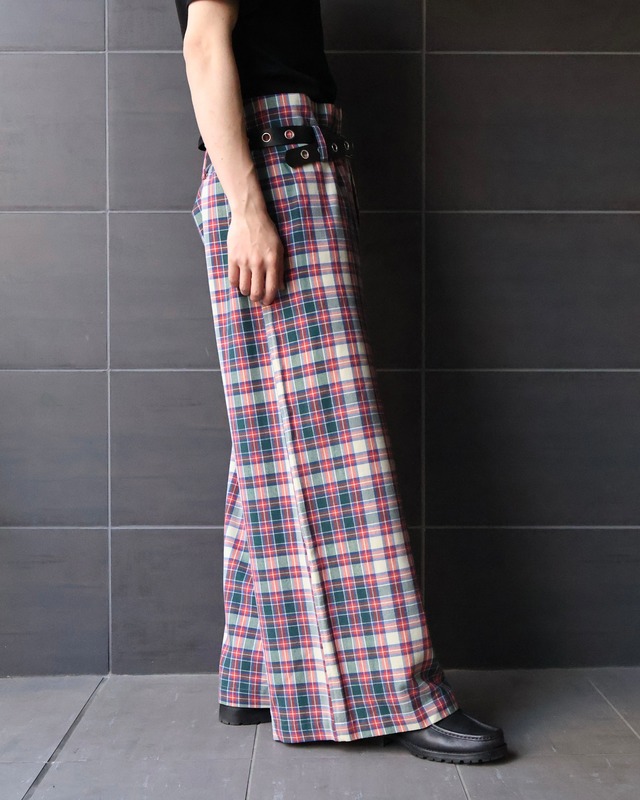 【Y's】check wide straight slacks