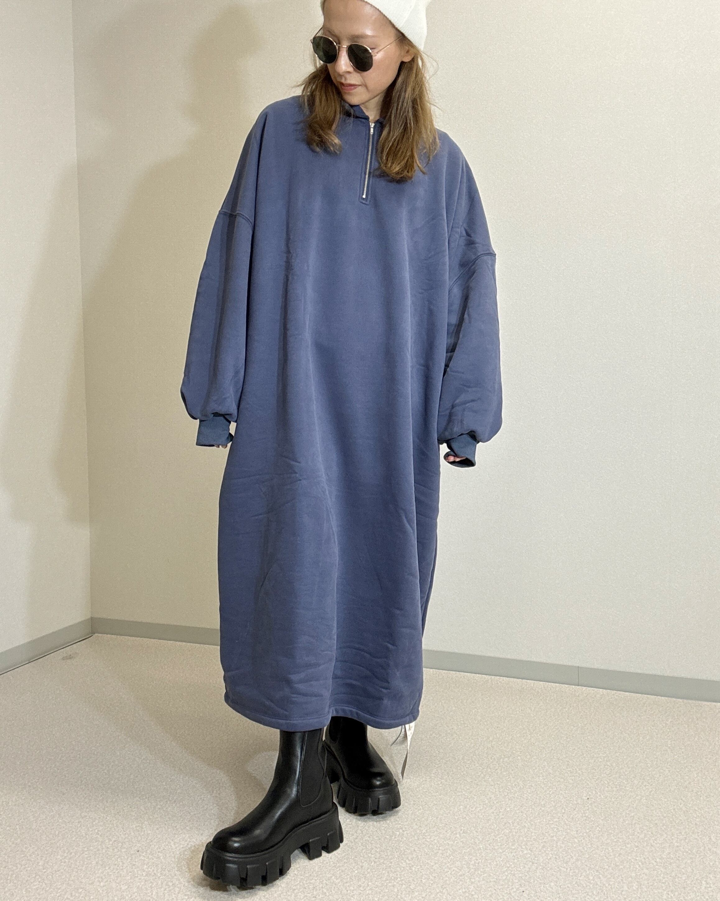 裏起毛ハーフZIPロングスエットワンピ navy | Anfang”