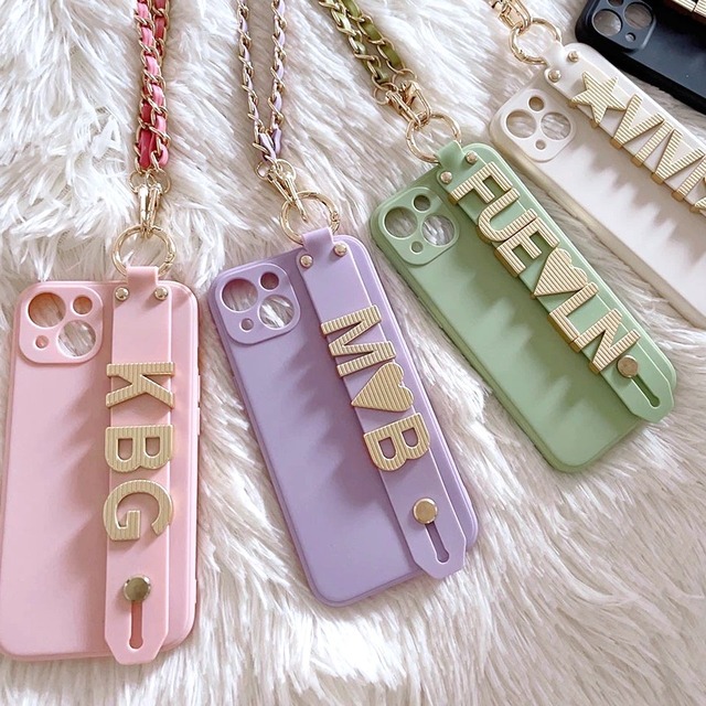 レザーチェーン ショルダー カスタム 名前入れ  iPhone Galaxy ケース アルファベット イニシャル 6色