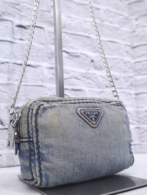 【レア】PRADA プラダ CANAPA カナパ ダメージ加工 デニム チェーン ストラップ クロスボディ ショルダー カメラ バッグ ポーチ ポシェット