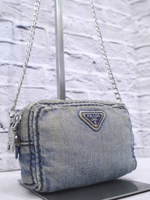 【レア】PRADA プラダ CANAPA カナパ ダメージ加工 デニム チェーン ストラップ クロスボディ ショルダー カメラ バッグ ポーチ ポシェット