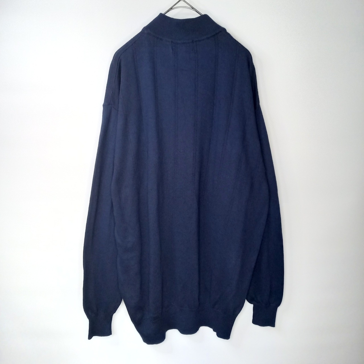 イタリア製　PER ME UOMO　モックネック　コットンニット　セーター　無地　薄手　ストライプ　ネイビー　M