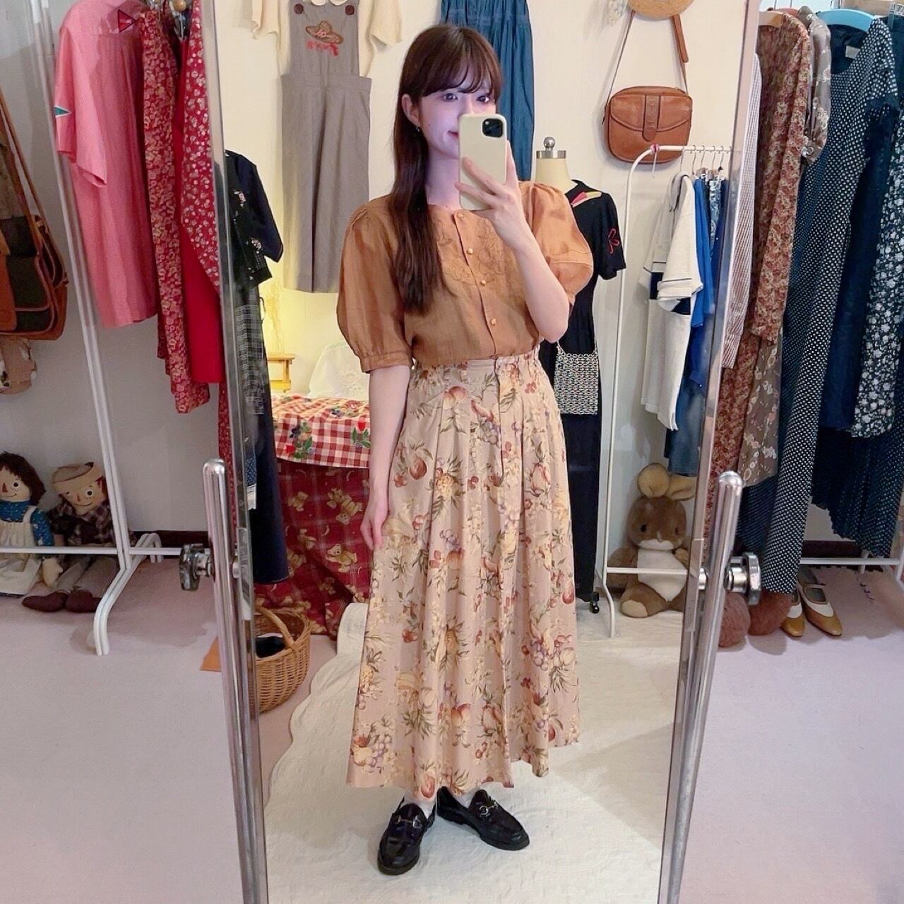 brown flower linen blouse