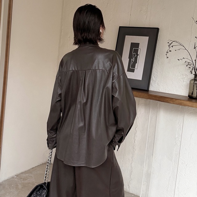 Tie neck faux leather shirt【2color】 C1586