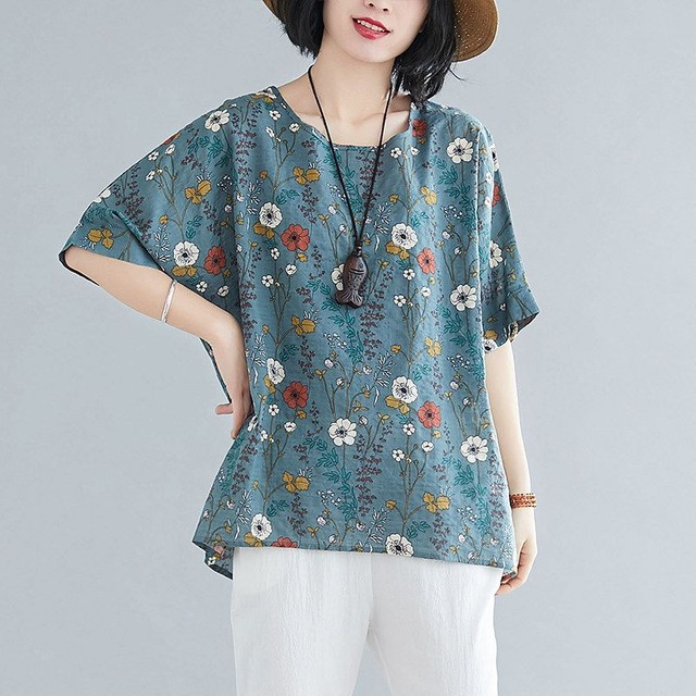 FLORAL ROUND NECK LOOSE SHORT SLEEVE T-SHIRT M-17975