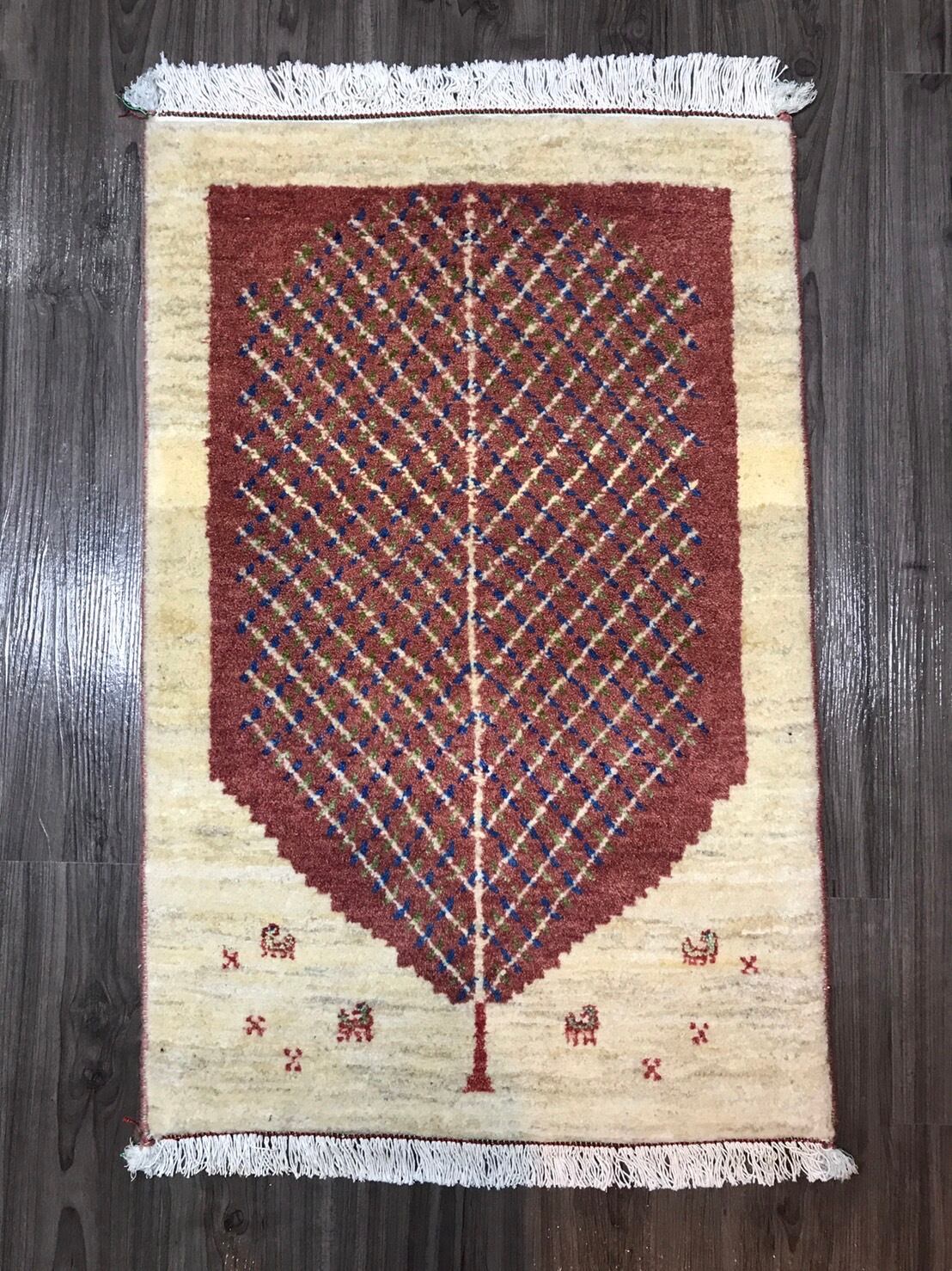 新品 ペルシャ絨毯 手織り ギャッベ ナチュラル 茜色 生命の木-