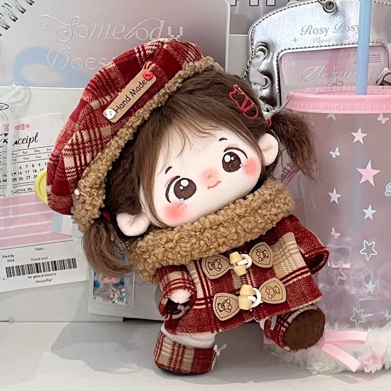 20cmぬい服】冬のふわふわ赤チェックコーデ 着せ替えぬいぐるみ 棉花