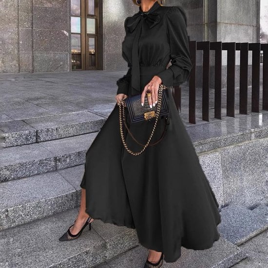 長袖 ロングワンピース パフ袖 リボン 結婚式 パーティー 結婚式ドレス レディース ロングワンピース リボン ボウタイ