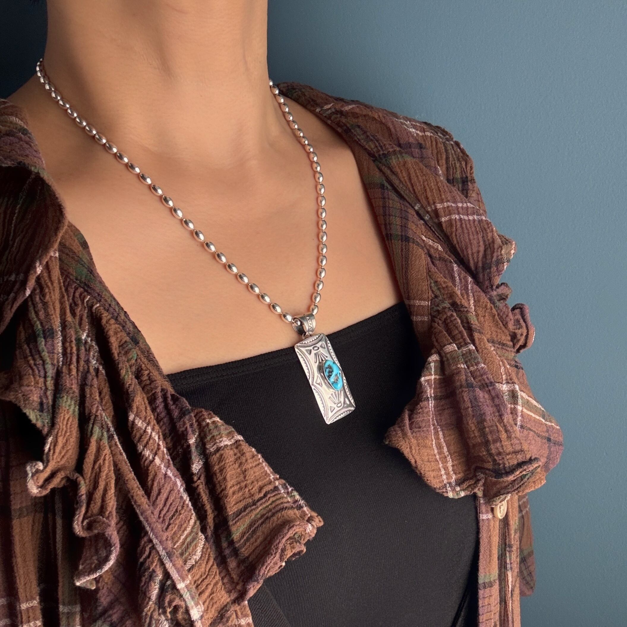 Indian Jewelry 》レクタングル KINGMAN ターコイズ ペンダント