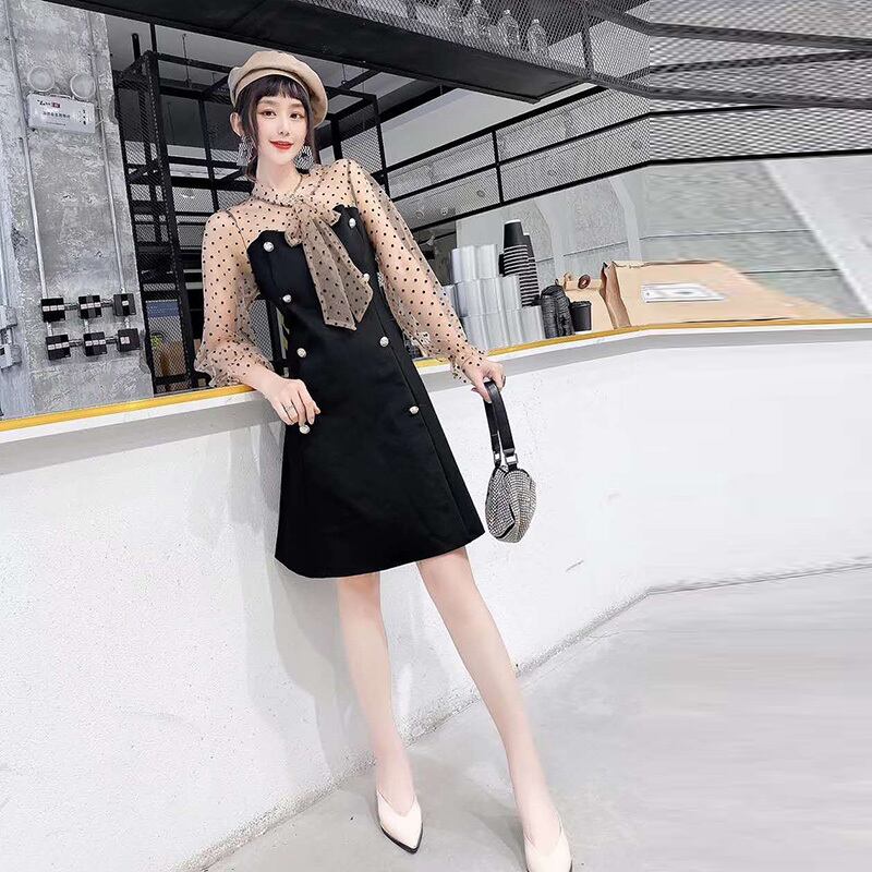 プラスサイズの女性の200キャティ秋ドレスファットシスターエインスタイルレースメッシュステッチドレスは薄いハイウエストプリンセスドレスでした ミックスインファッション82915154548