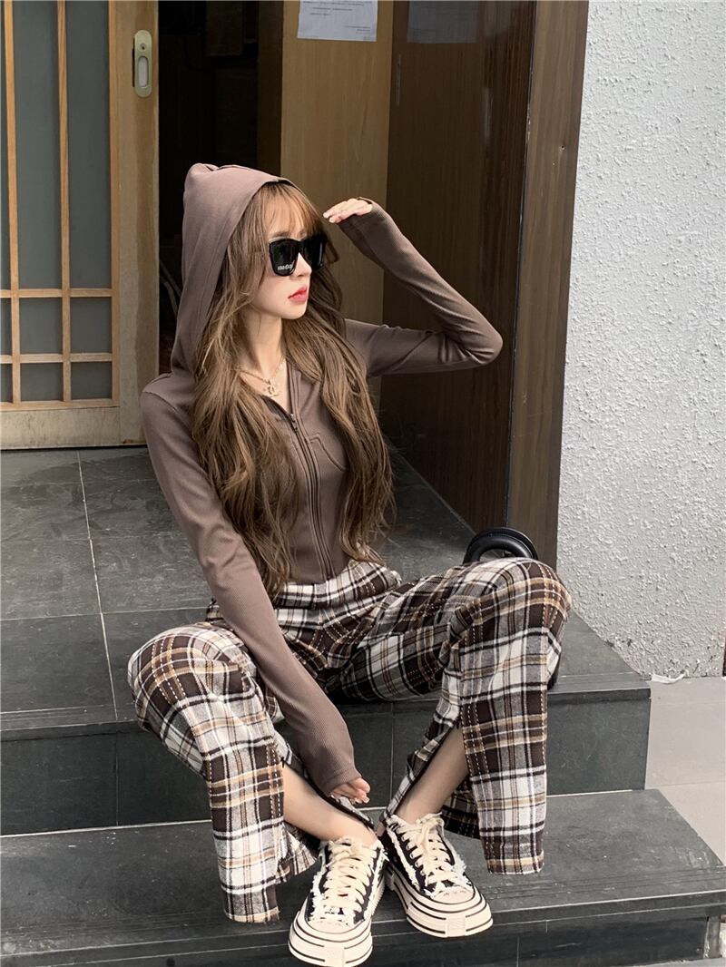 スリムショートフードジッパーカーディガンセーター レディースオータムトップス コート 秋物 YY-ファッション9303267216