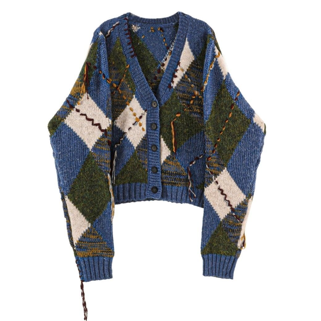 Blue diamond-patterned knit cardigan
