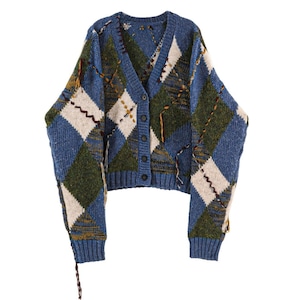 Blue diamond-patterned knit cardigan