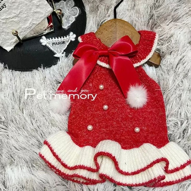 【海外ハンドメイド】リボン×パールのクリスマスニットドレス　犬服　01354