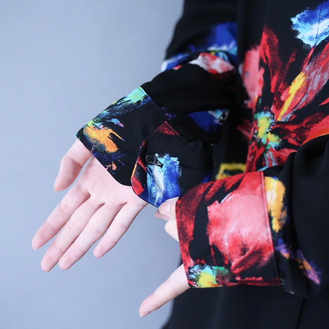 flower motif art pattern fly-front minimal design black mode see-through shirt