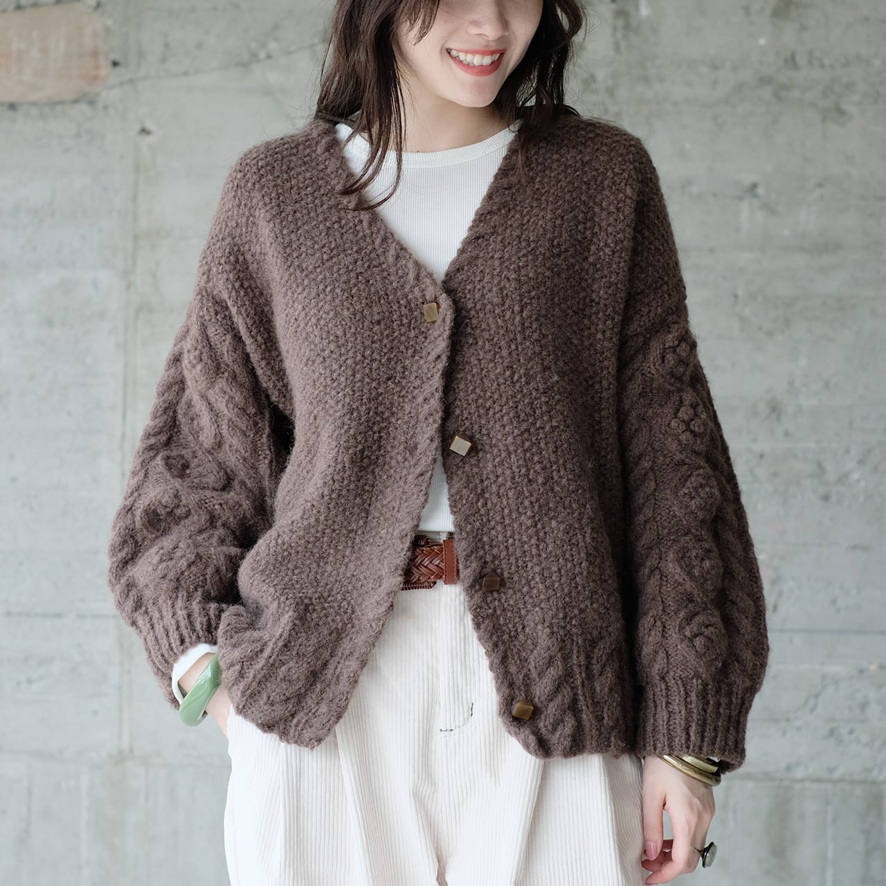 【予約販売】2025年復刻再販!あったかウール♡手編みモヘアニットカーディガン(22w-12)ダークブラウン