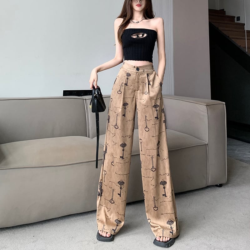 パンツ レディース ワイドパンツ ロングパンツ カジュアルパンツ ロング丈 可愛い かわいい 大人可愛い きれいめ フェミニン エレガント 上品 おしゃれ お洒落 おとな ナチュラル 抜け感 通勤 ラブリー キュート ガーリー 学生 通学 デート お出かけ 女子会 旅行 ブラウン 茶色 春 夏 プリント柄 鍵 かぎ 10代 20代 30代 40代 韓国 韓国系 着回し デイリー 普段使い ゆったり 体型カバー コーデ 韓国ファッション 旅行 ライブ コンサート リゾート 海 S M L XL 送料無料