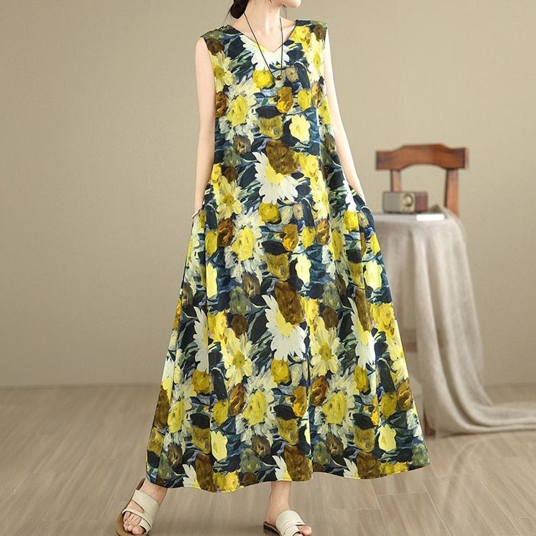 SLEEVELESS V-NECK VEST WAISTED LONG DRESS M-17967