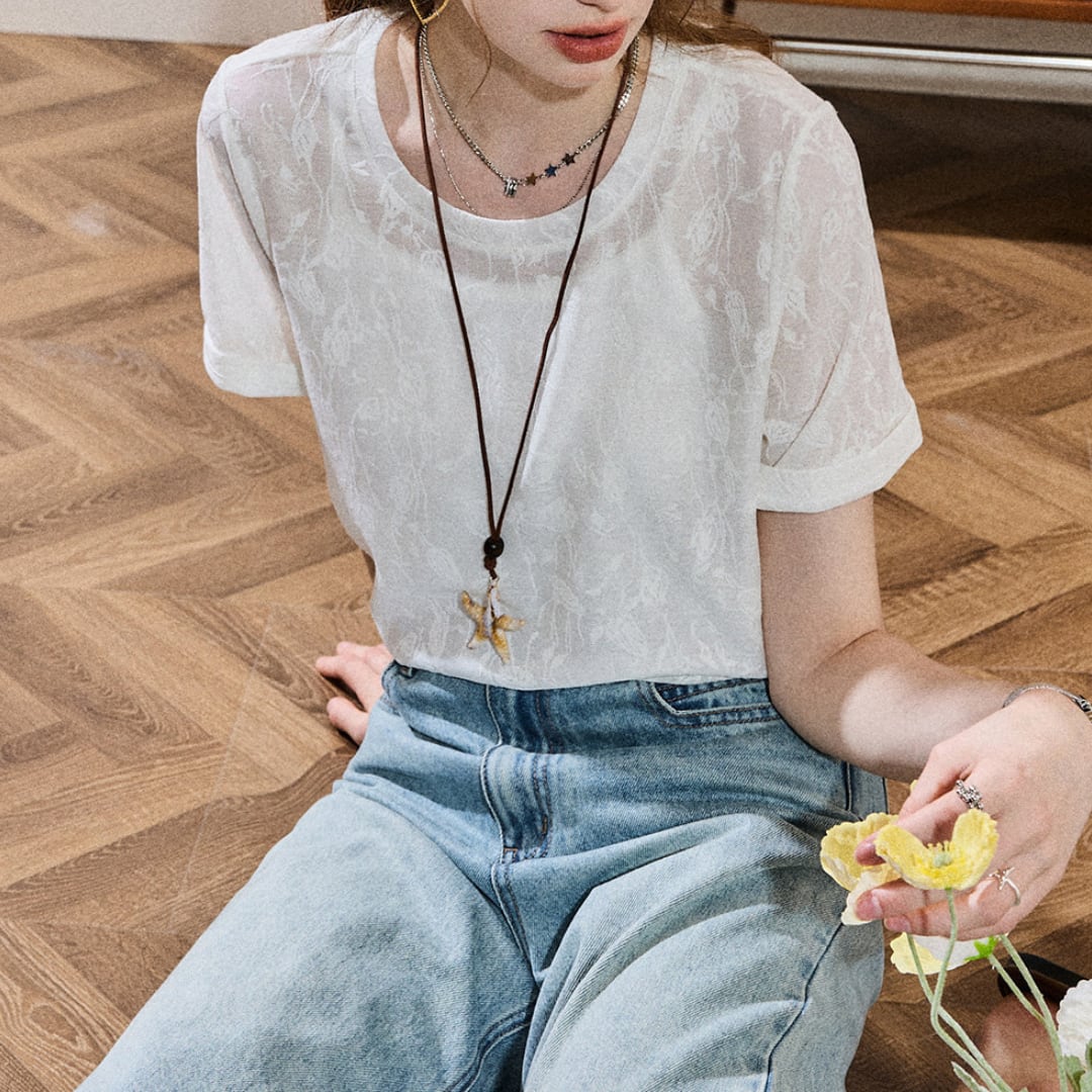 sheer jacquard short sleeve top
