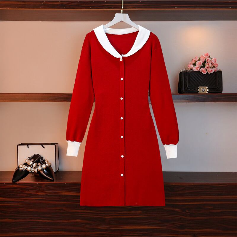 【新作】【送料無料】 マタニティウェア2020秋/冬の新しいニットカラーマッチング人形の襟の看護ドレス、分娩後の中程度の長さの流行の母乳育児ドレス-アリババ オータム 秋物 ウィンター 冬物 expec282912630225