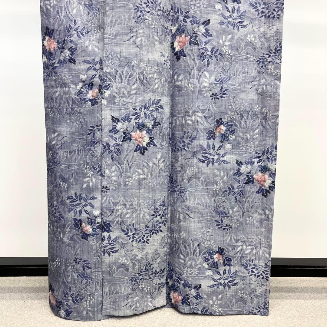 単衣 小千谷紬 花柄模様 証紙付 薄藍色 しつけ糸 K-3790 着物