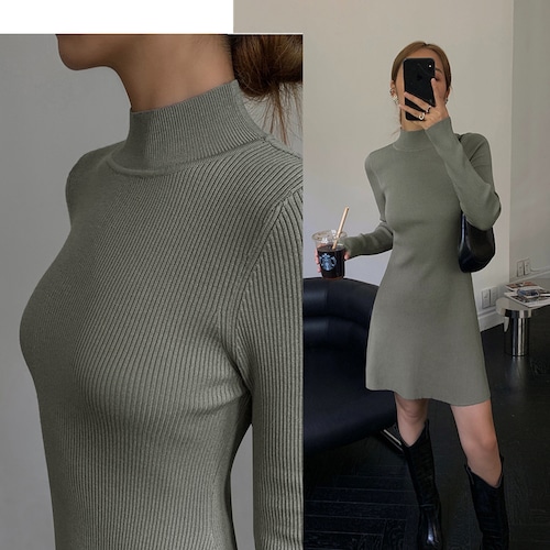 French Chic Rib Knit Mini Dress/2color
