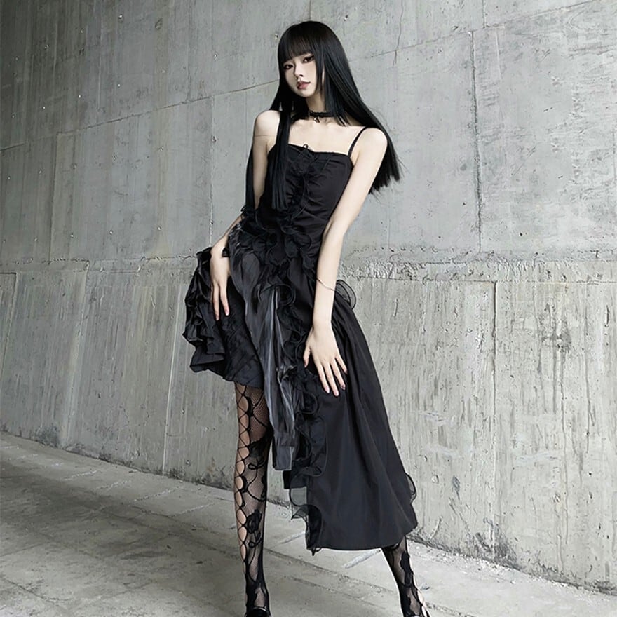 大人ゴシック アシンメトリーロングドレス 黒ゴシック地雷｜WithU