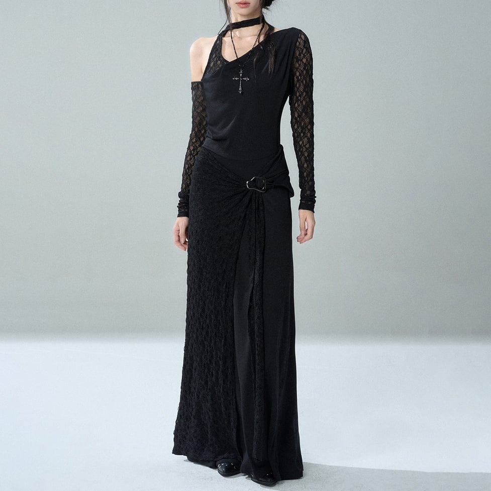 mesh asymmetry off shoulder onepiece / l0849