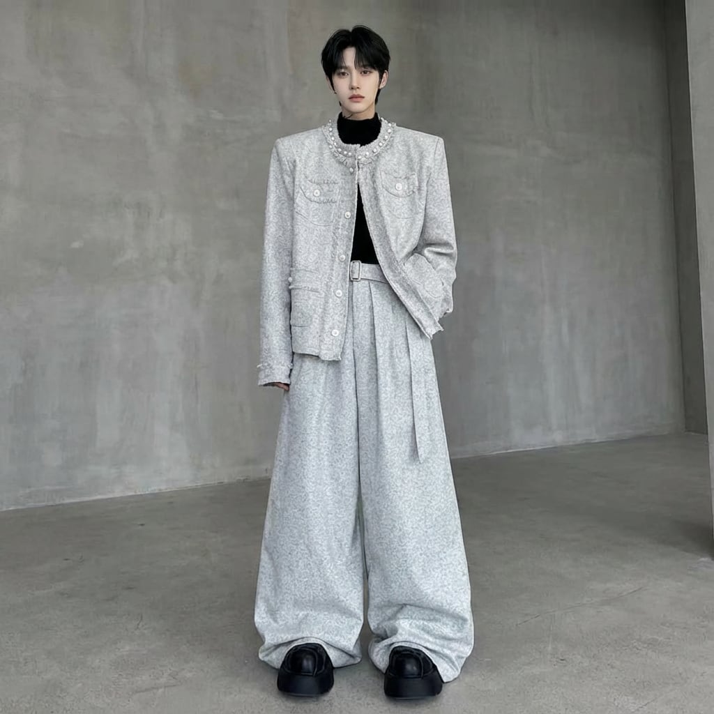 ツイード調 ビーズ付きショートジャケット&ワイドパンツ セットアップ 2カラー D11959