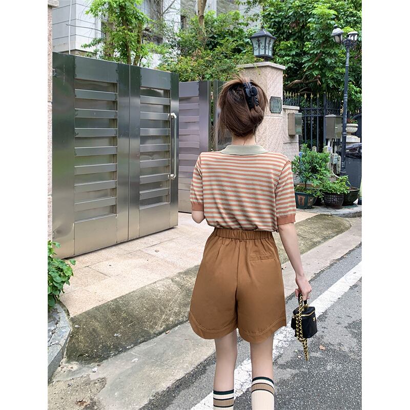 セットアップ ツーピース ロゴ ポロトップス トップス ボーダーストライプ ショートパンツ カジュアル 大人可愛い 韓国ファッション Luluca 韓国トレンドファッションluluca ルルカ