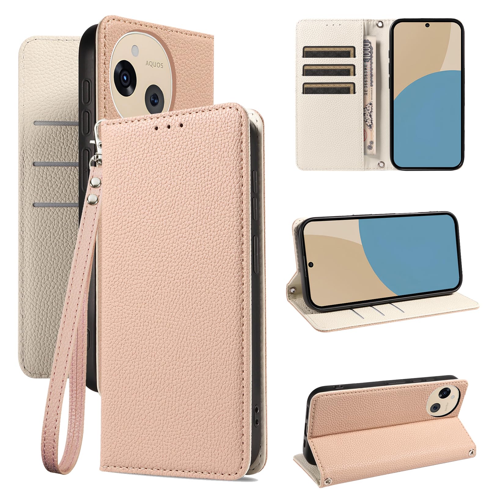 QUEASON aquos sense9 用 ケース 手帳型 aquos sense10 用 ケース ストラップ付き 高級レザー【アプリコット】