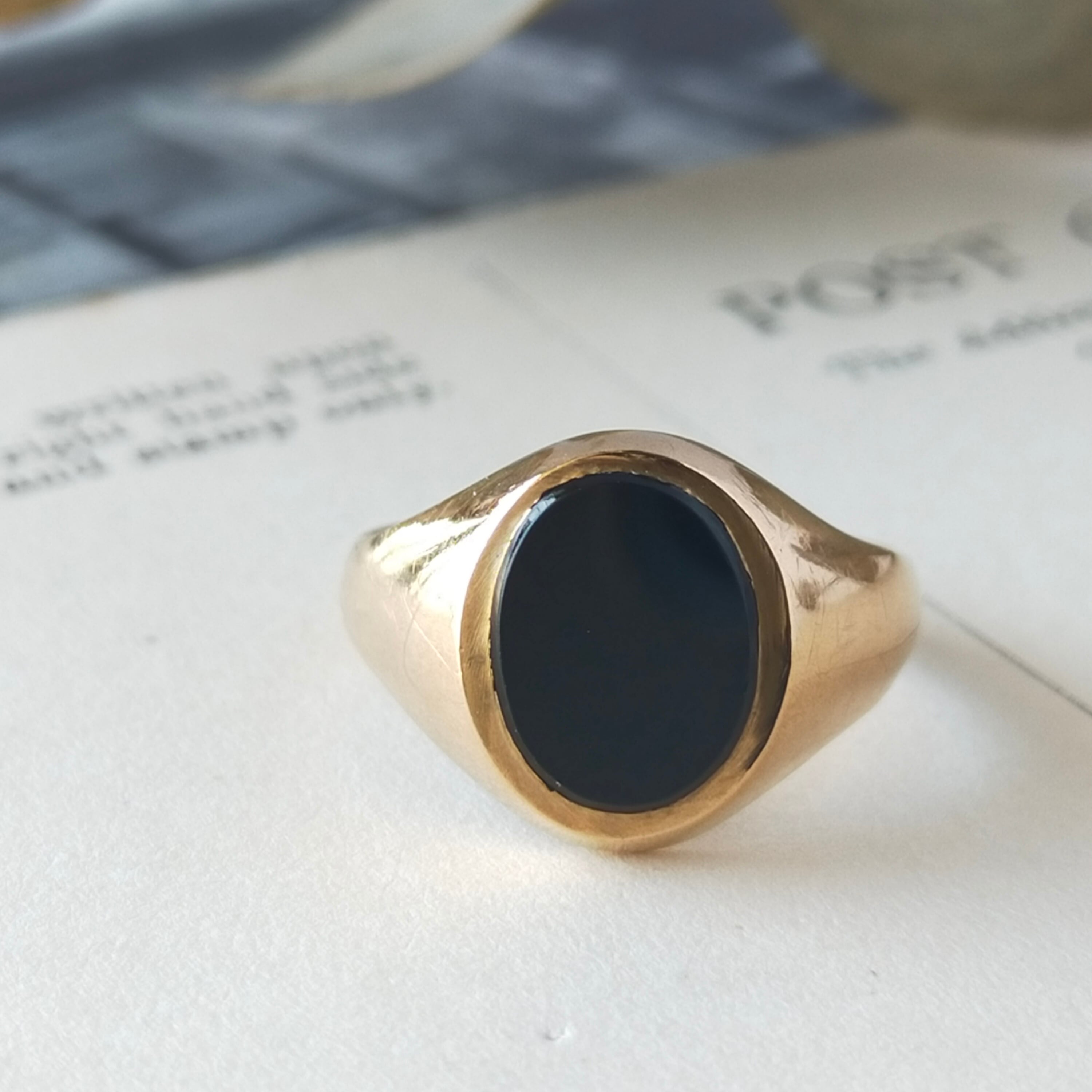 英国 1978年 ヴィンテージ 9kゴールド オニキス シグネットリング ソーティングメモ付