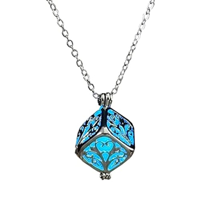 キューブ ネックレス 夜光 蓄光 暗闇で光る ペンダント 【ギフトボックス付】 コスプレ プレゼントにもどうぞ (ブルー)