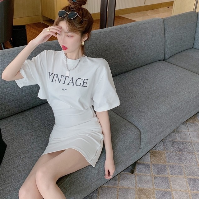 送料無料 ワンピース トップス Tシャツワンピ 2way ミニ タイト ミニワンピース カットアウト 肌見せ セクシー ロゴ レタープリント ウエスト サイドカット サイドジッパー ラウンドネック 半袖 オシャレ シンプル ゆったり 2色展開 ホワイト ブラック 着回し かっこいい