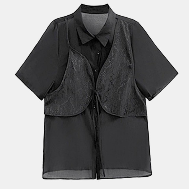 Layered sheer shirt & jacquard camisole set C0171