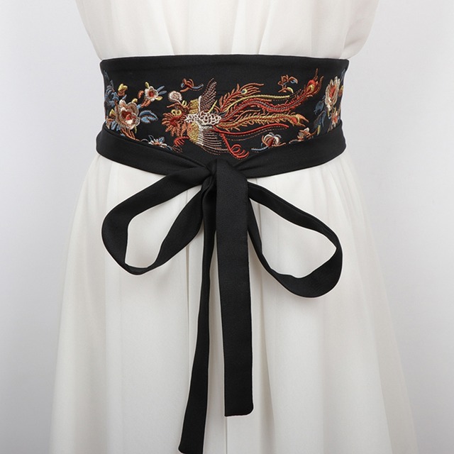 【QNQBシリーズ】★チャイナ風ベルト★ 帯 刺繍 アクセサリー 小物 合わせやすい ブラック 黒い