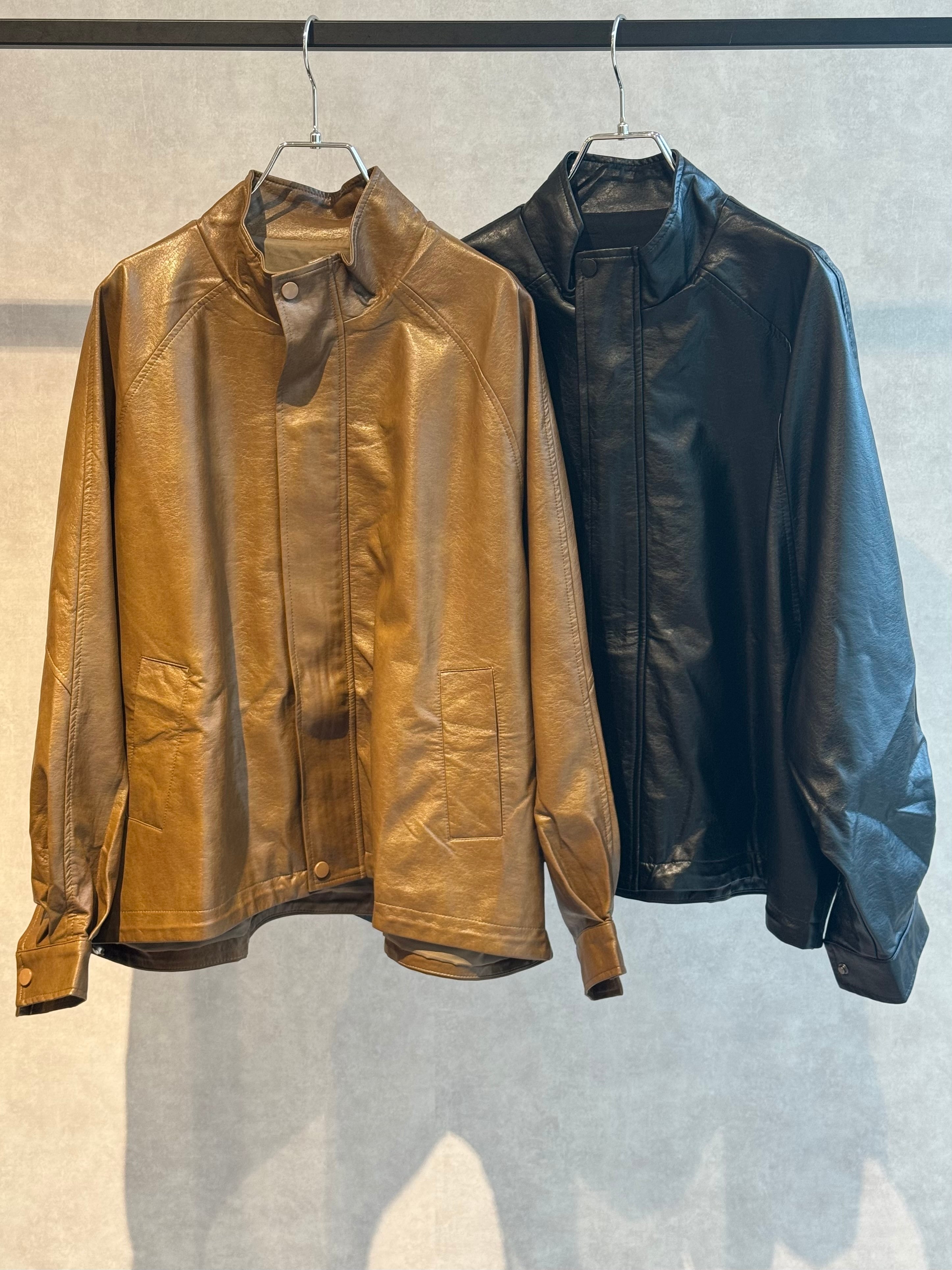 stand collar leather look over jacket