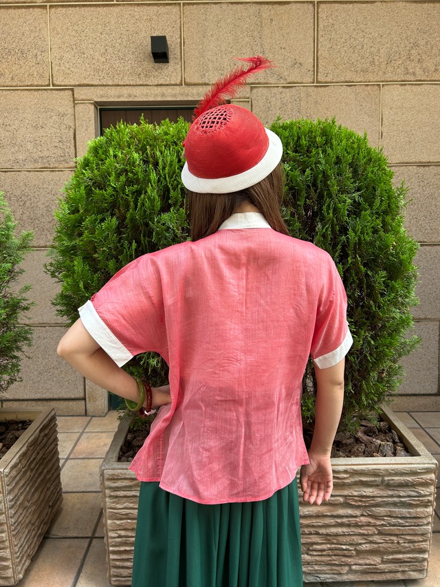 40's red×white tuck blouse