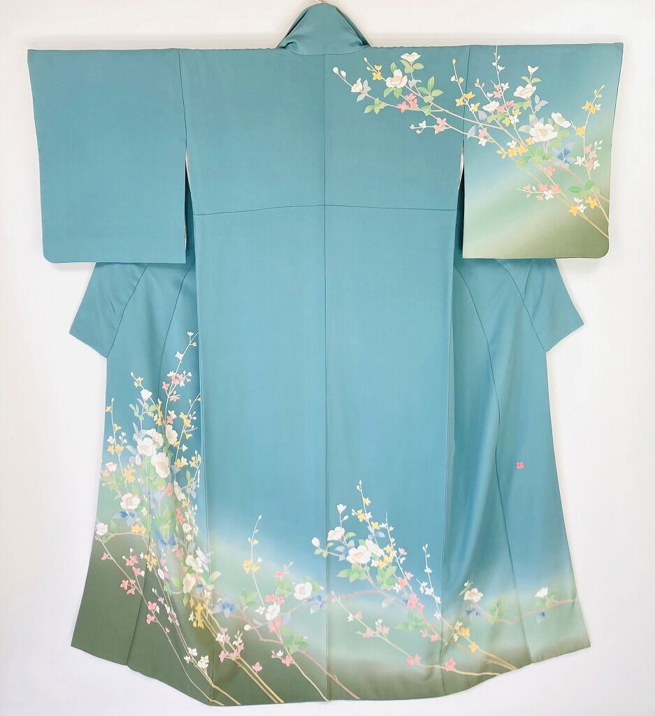 作家物 手描き友禅 椿 訪問着 花柄 正絹 青緑 白 ピンク 826 | kimono