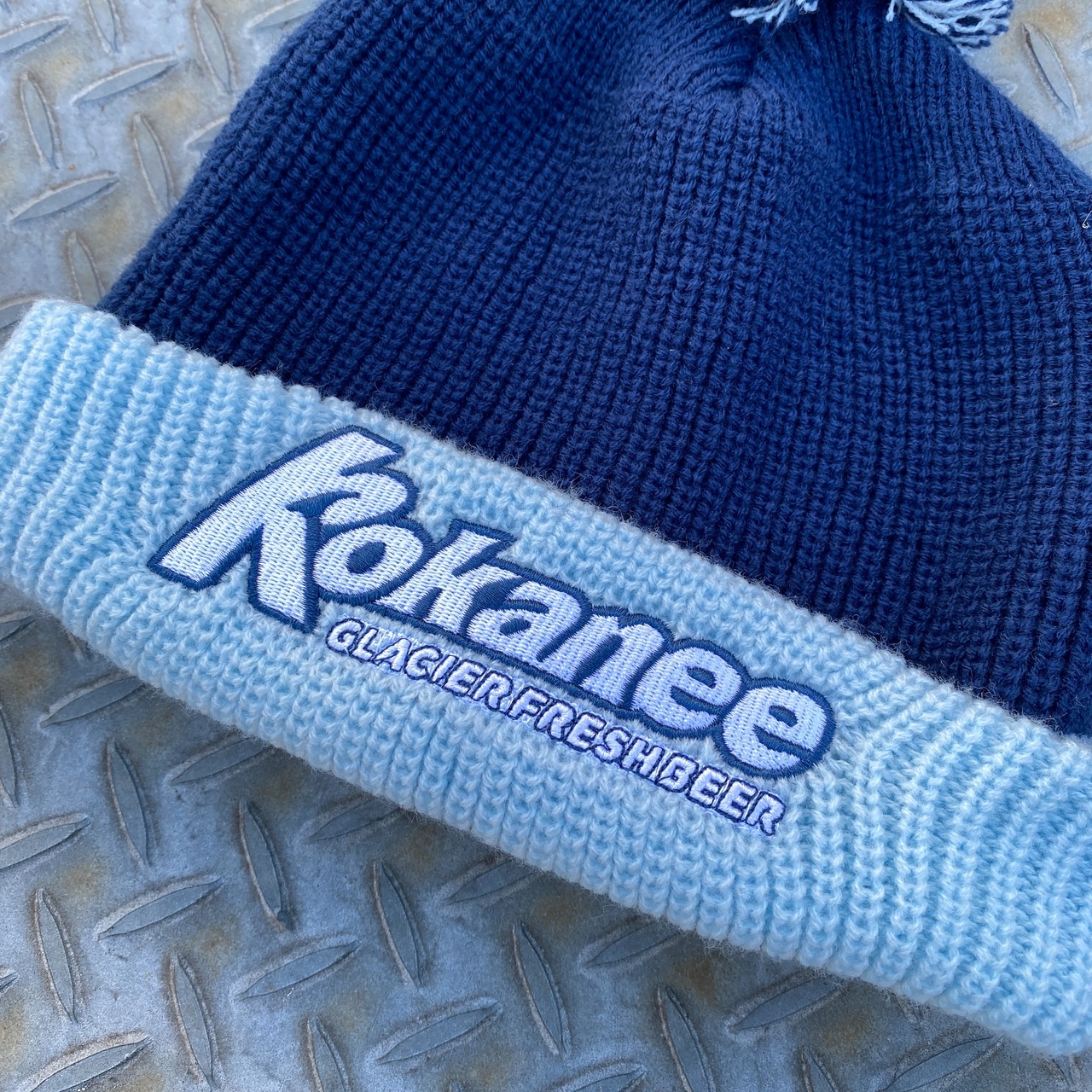 Kokanee Beer Pom Pom Knit Cap - NAVY / LIGHT BLUE
