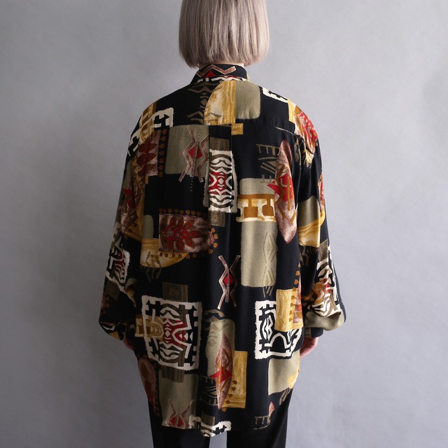 black base art pattern loose rayon shirt