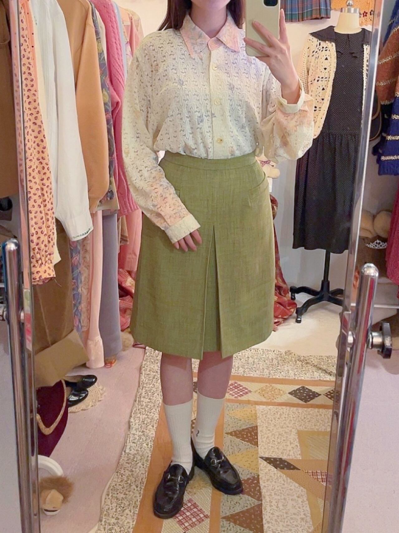 moss green tuck skirt