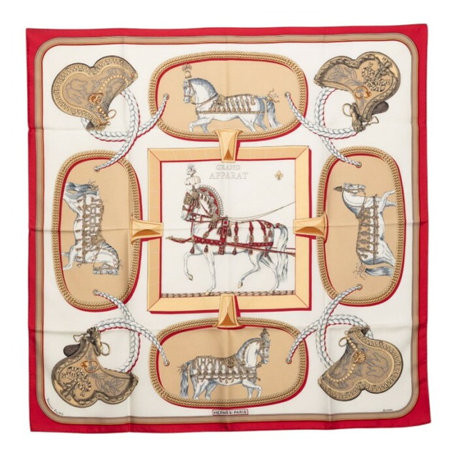 エルメス カレ90 GRAND APPARAT 盛装の馬 スカーフ ホワイト レッド シルク レディース HERMES 【中古】