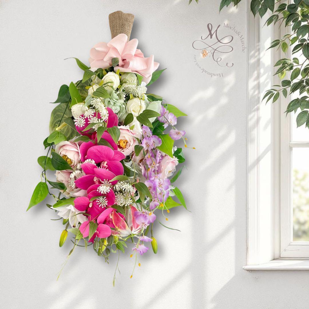 初夏の壁飾り】爽やかなグリーンとホワイトのナチュラルスワッグ