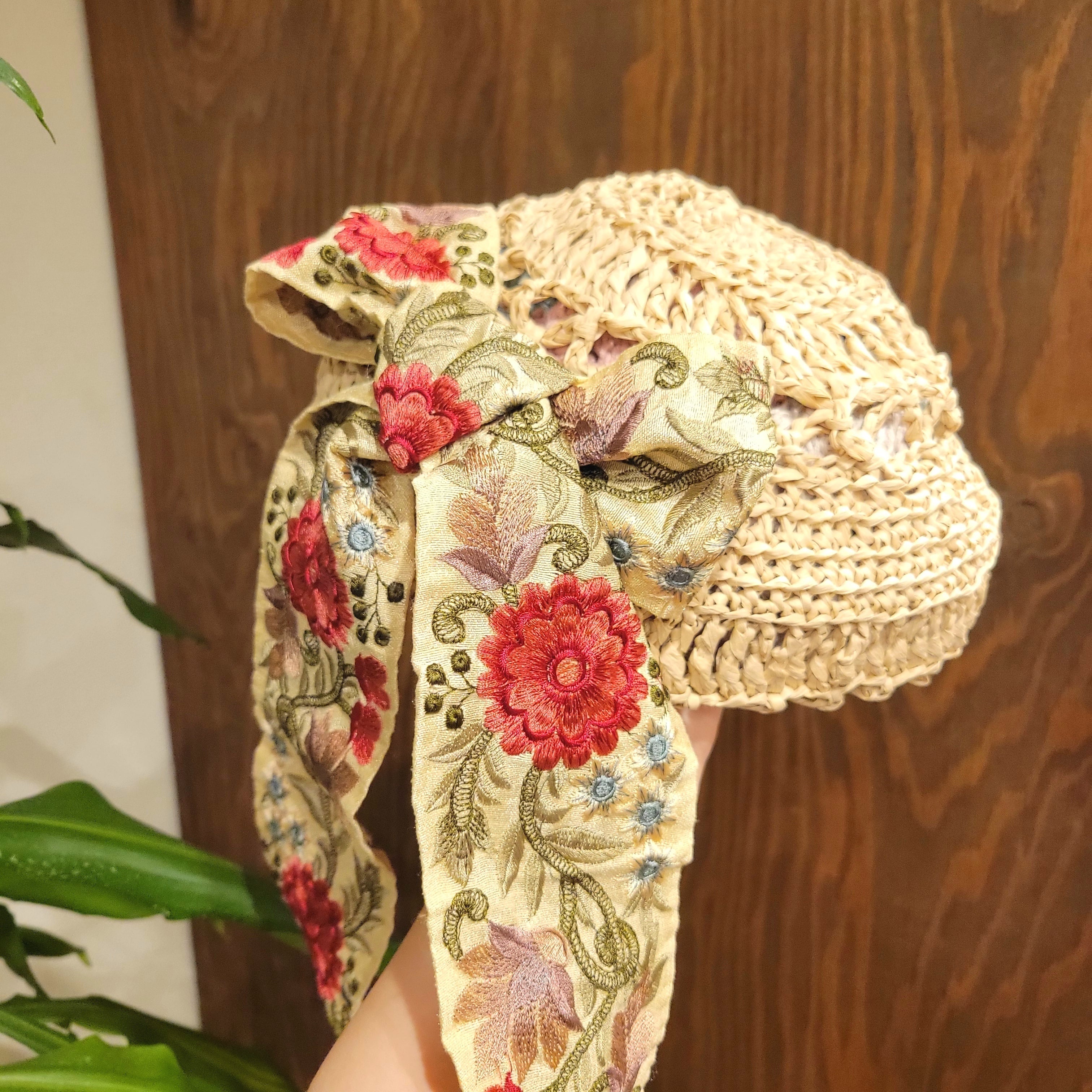 麦わら風ベレー帽 インド刺繍 リボン ハット キャップ アジアン